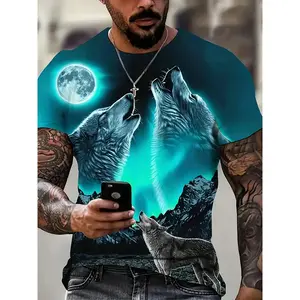 Men's 3D Printed Wolf Pack Mountain Night Scene T-Shirt - Vivid Howling Wolves & Full Moon Graphic, Blue & Black Night Sky Design, Casual Short Sleeve Crew Neck, Machine Washable All-Season Outdoor & Daily Wear with Comfortable Regular Fit for Hiking