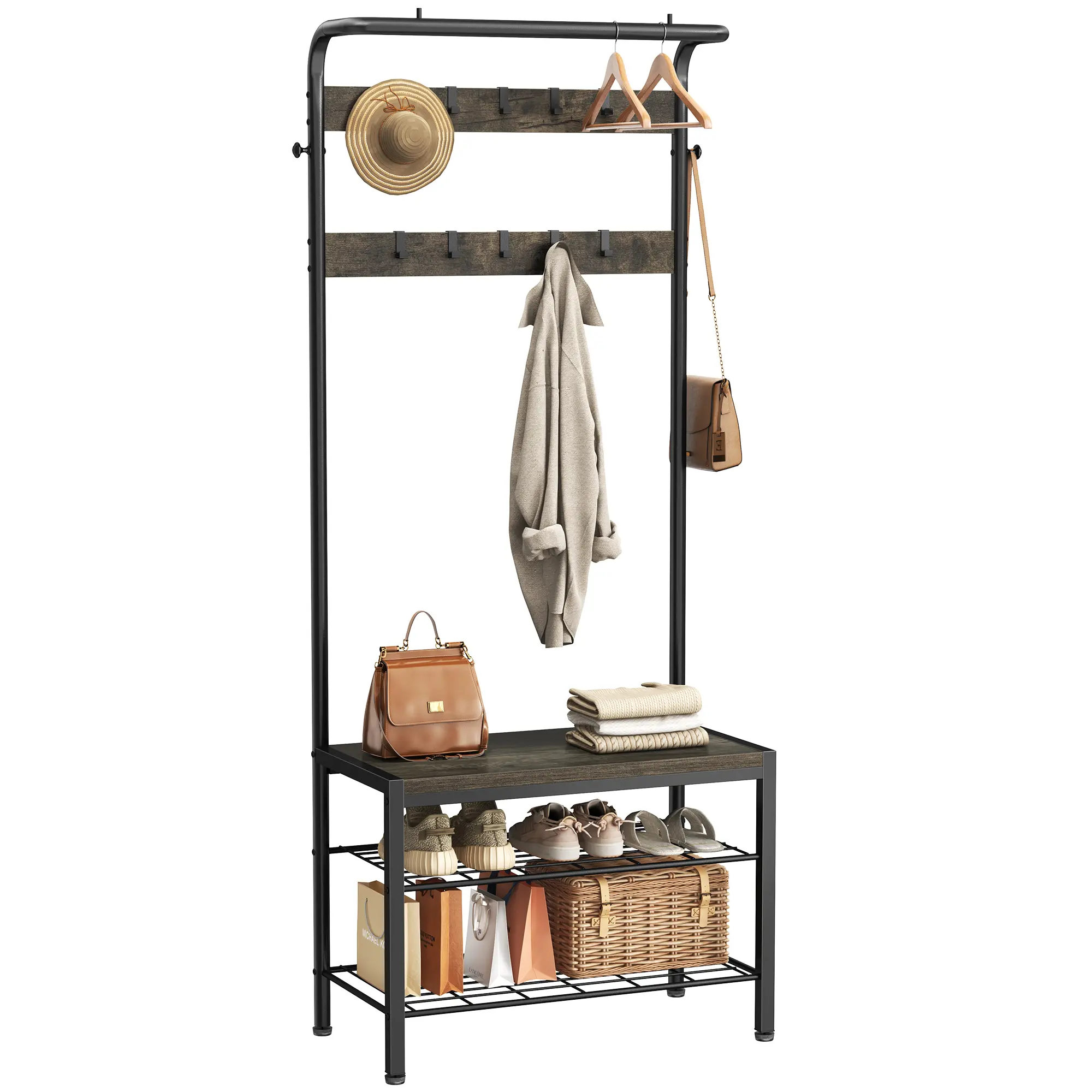 Sweetcrispy 4-in-1 Sturdy Steel and Wood Coat Rack with Shoe Bench, Rustic Modern Rustic Entryway Organizer, 10 Removable Hooks, Anti-Tip Design, Includes Screwdriver, Ideal for Living Rooms, 10 Hooks, Entryway Rack