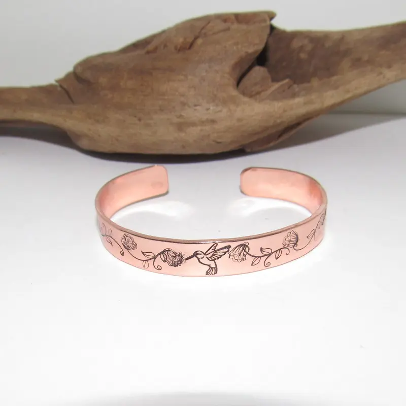 Personalized stamped copper humming bird bracelet gifts for her, Personalized inside optional