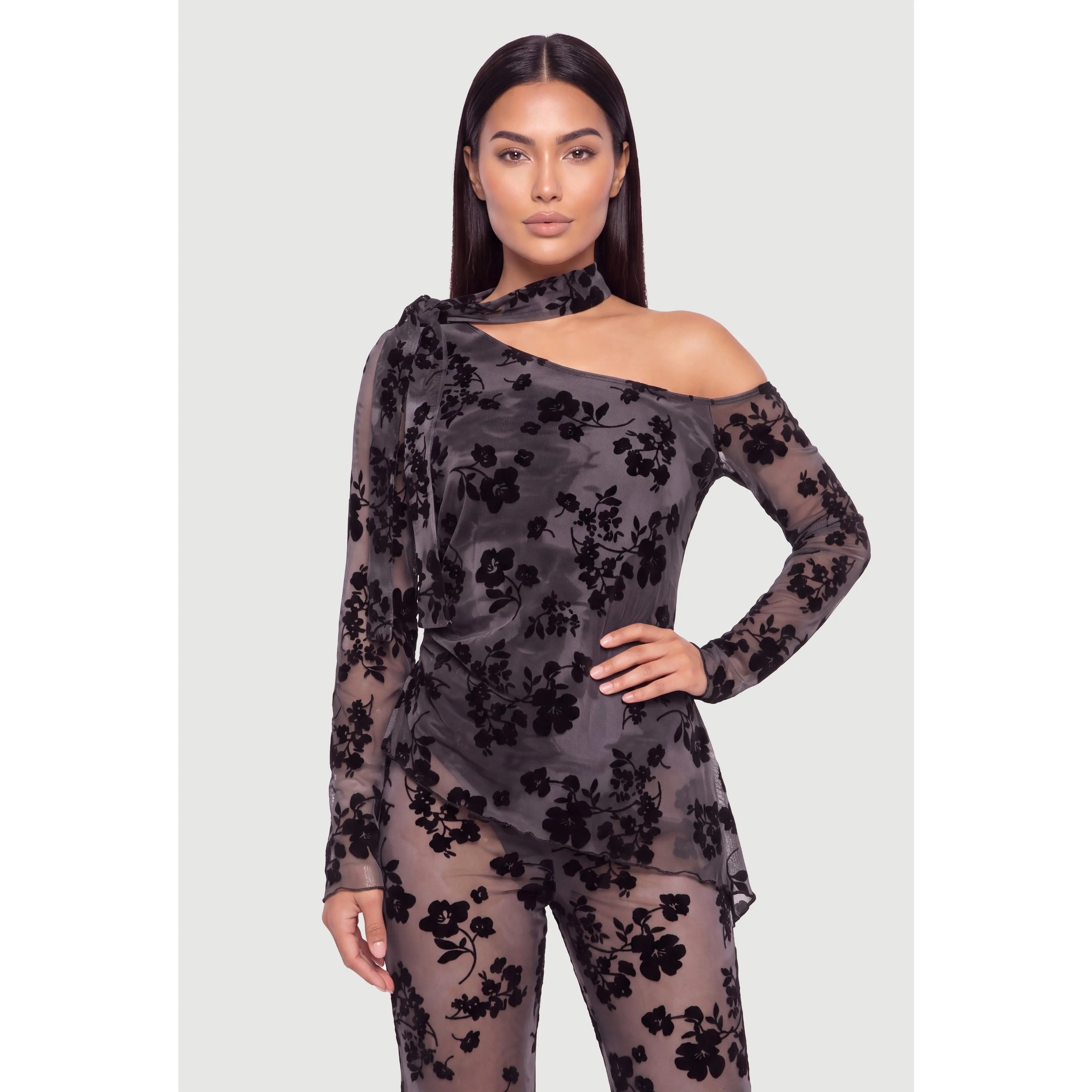 Floral Velvet Burnout One Shoulder Scarf Top
