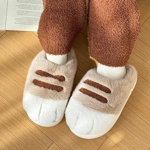Women's Cute Cat Claw Cotton Slippers Winter Warm Fuzzy Plush Thick Non-Slip Sole Comfortable Couple-Style Indoor Home Slide Footwear Girl Flipflop Walking Shoes