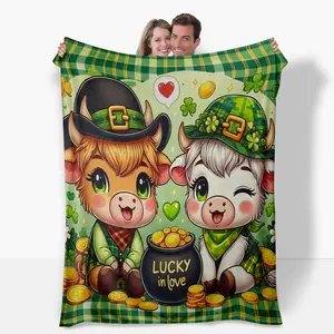 St. Patrick's Day Themed Blanket Featuring Two Cute Cows Wearing Hats, Pot of Lucky Coins & Clovers |   Soft & Cozy, All - Season Use, Ideal for Home Decor, Napping, Gifting Family & Friends!