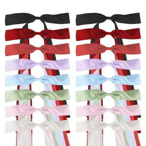 16 count Satin Hair Bows Clips with Long Tails | 8 Assorted Colors Satin Ribbon Accessories for Ponytails & Braids | Hair Barrettes for Women Girls