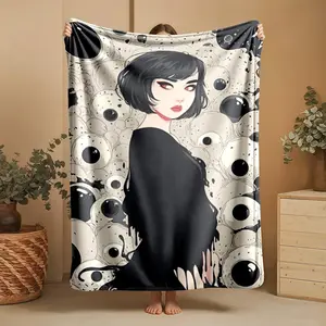 1 piece Black-haired short-haired woman with eyeball background art image themed flannel blanket - Super soft and warm flannel blanket, suitable for beds, sofas and camping, modern design, digitally printed pattern, all-season use, 100% polyester