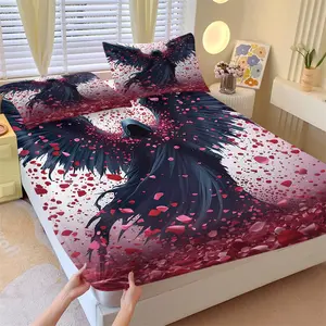 Dark Rose Angel Theme Fitted Sheet Set, Black Feathered Wings Hood Image and Rose Petals Full Sky, Gothic Romantic Style Bedding Non-Slip Soft Breathable Fabric Bedroom Decor, 1 Fitted Sheet & 2 Pillowcases No Core
