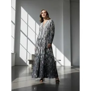 Abstract Monochrome Art Print Maxi Dress Artistic V-Neck Flowy Gown | One Size Fits Most S-XL | Perfect for Art Gallery, Evening Dinner & Travel