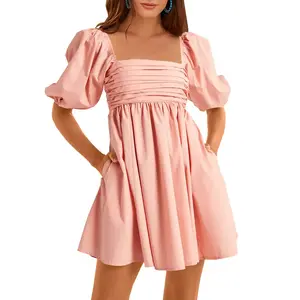 Womens Square Neck Dresses Half Puff Sleeve High Waist A-Line Casual Backless Smocked Short Babydoll Mini Dress