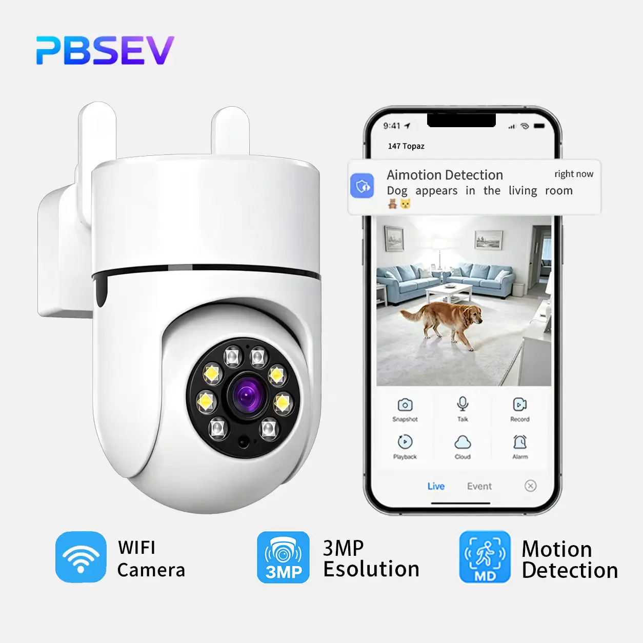 PBSEV Smart Home Security Camera, 3MP HD Panoramic PTZ Indoor Camera with Bluetooth, Micro SD Support, Auto Human Tracking, Color Night Vision, Motion Detection, 2-Way Audio, 911 Emergency Alarm & 24/7 Continuous Recording