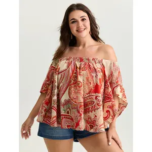 BloomChic Women's Plus Size Multicolor Paisley Print Off-Shoulder Spandex Blouse - Lady's Bohemian Shirts, 1-Sleeve Garment, Smooth Fabric, M-6X Sizes, 2026 Summer Pick, Swimweek Spotlight Top