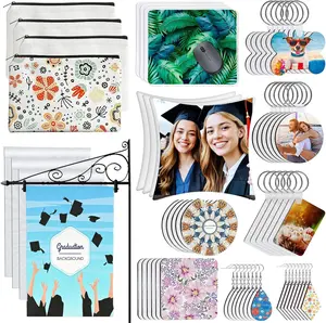 114Pcs Sublimation Blanks Products, Sublimation Blanks Set Including DIY Blank Makeup Bag, Keychain, Earring, Pillow Cover, Mouse Pad, Coaster, Garden Flag for Sublimation Transfer, Graduation Favor