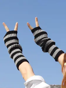 Women's Colorblock Striped Pattern Long Fingerless Gloves, Elegant Fashion Modern Y2K Style Knitted Gloves for Daily Decor, Trendy All-match & Exquisite Gloves for Birthday Gift