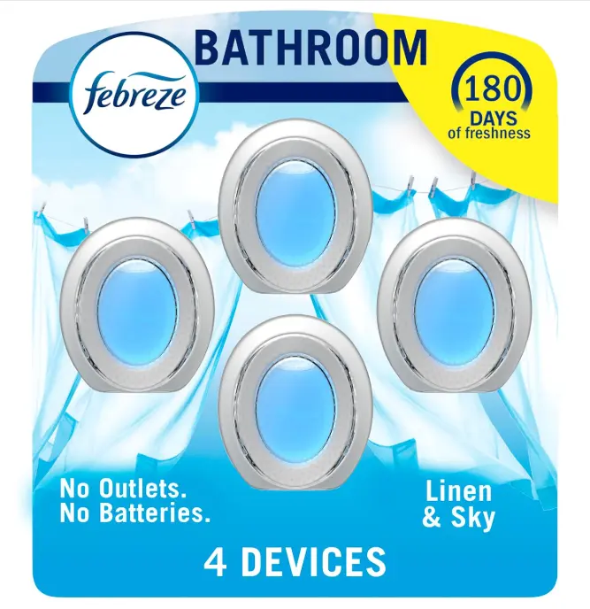 Febreze Bathroom Air Freshener, Odor-Fighting, Plug In Alternative, Air Fresheners for Home and Bathroom and Kitchen, Closet Air Fresheners, Linen & Sky Scent, 4 Count