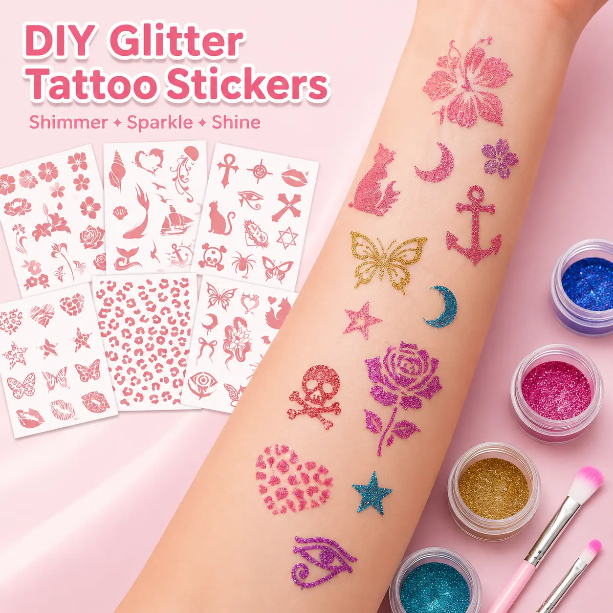 Temporary Glitter Tattoo Kit, Includes 6 Glitter Tattoos, 10 Sheets of Unique Template Stencils, 10-Colors Glitter Powder & 2 Brushes, Shimmering Body Art Makeup for Women & Girls, Summer Party Favors, Beach Vacation Accessories, Summer Vibes Decor