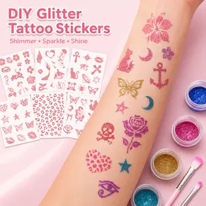 Temporary Glitter Tattoo Kit, Includes 6 Glitter Tattoos, 10 Sheets of Unique Template Stencils, 10-Colors Glitter Powder & 2 Brushes, Shimmering Body Art Makeup for Women & Girls, Summer Party Favors, Beach Vacation Accessories, Summer Vibes Decor