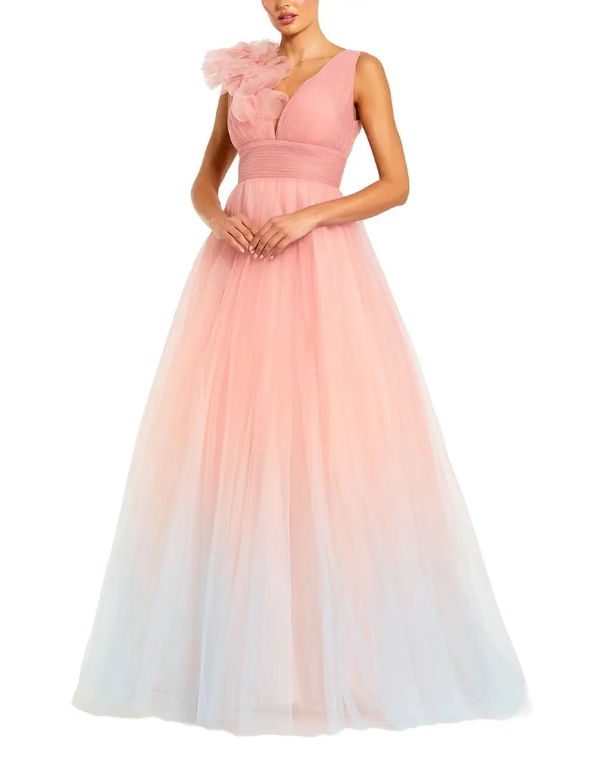 Mac Duggal Ruffle Shoulder V Neck Ombre Tulle Ballgown