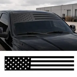 Matte Black Die-Cut American Flag Windshield Banner - 12in x 64in Adhesive Vinyl Decal, Car Vehicle Decoration for Trucks, Cars, SUVs