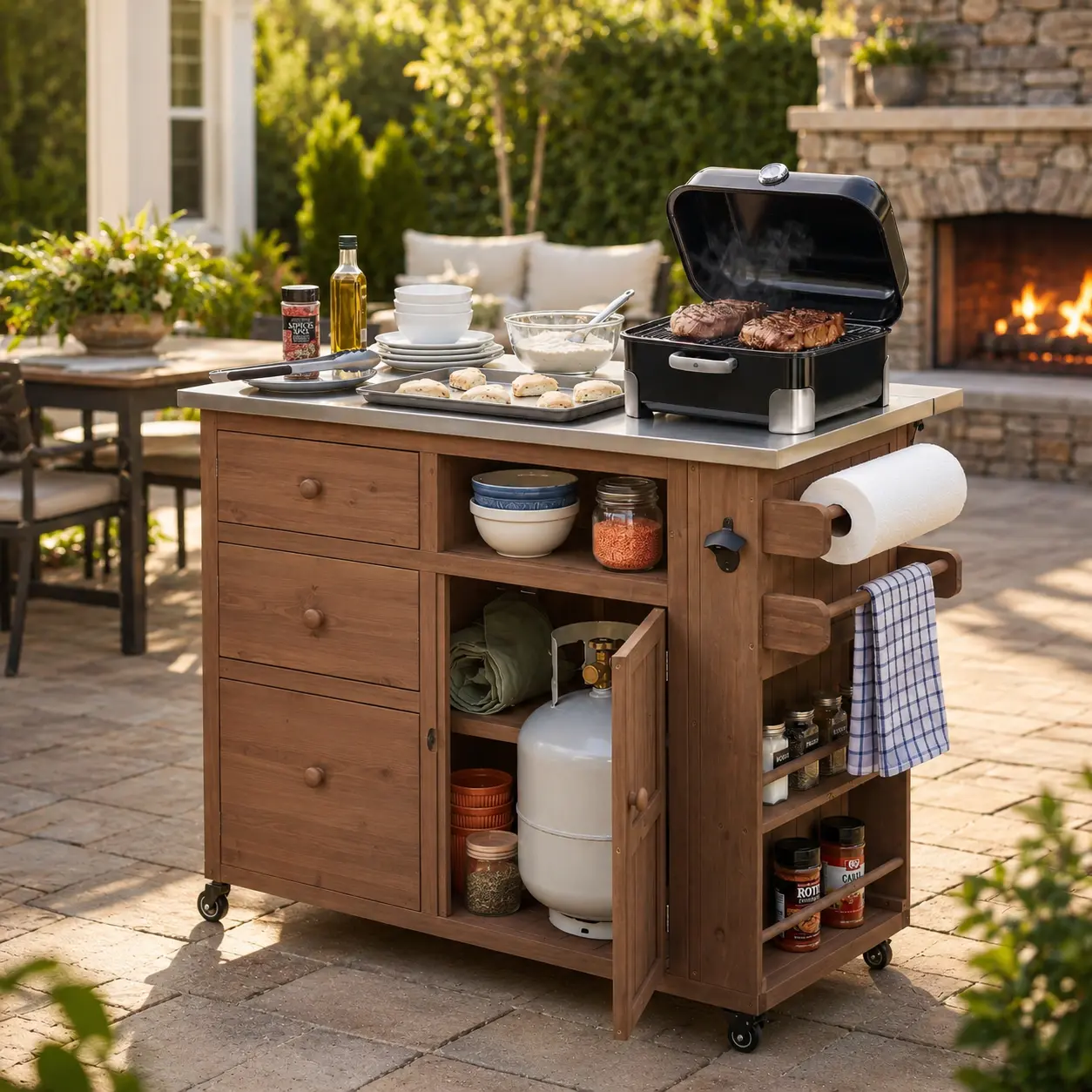 Rolling Kitchen Cart Kitchen Island Cart BBQ Prep Table with Extendable Stainless Steel Top 3 Drawers Gas Tank Storage Lockable Wheels Bottle Opener Spice Rack for Patio Backyard Grilling Outdoor Serving Station