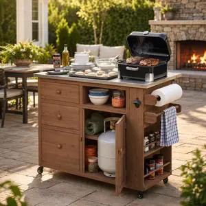Rolling Kitchen Cart Kitchen Island Cart BBQ Prep Table with Extendable Stainless Steel Top 3 Drawers Gas Tank Storage Lockable Wheels Bottle Opener Spice Rack for Patio Backyard Grilling Outdoor Serving Station