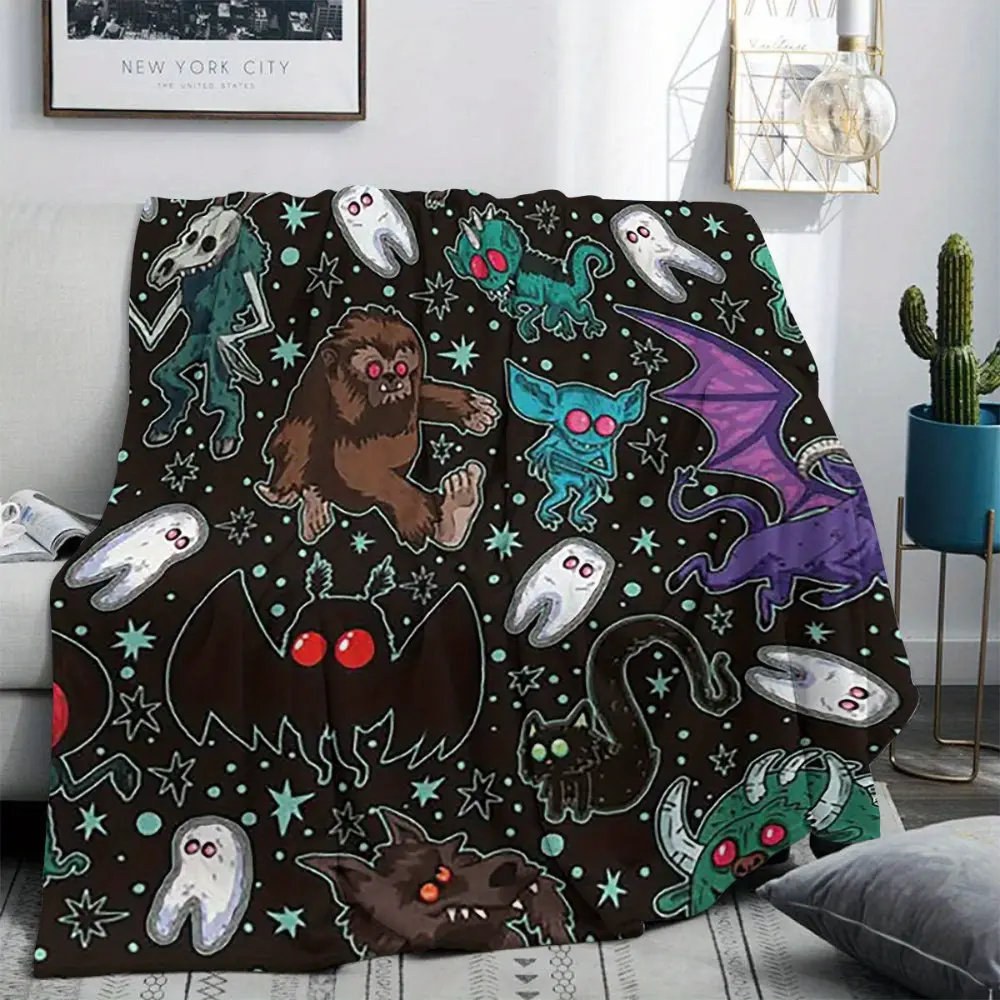 Cute Halloween Blanket, Spooky Kawaii Throw Blanket with Ghosts Bats and Monsters Pattern, Black Aesthetic Fleece Blanket for Bedroom Decor, Goth Room Accessories, Cozy Halloween Gift for Kids and Teens