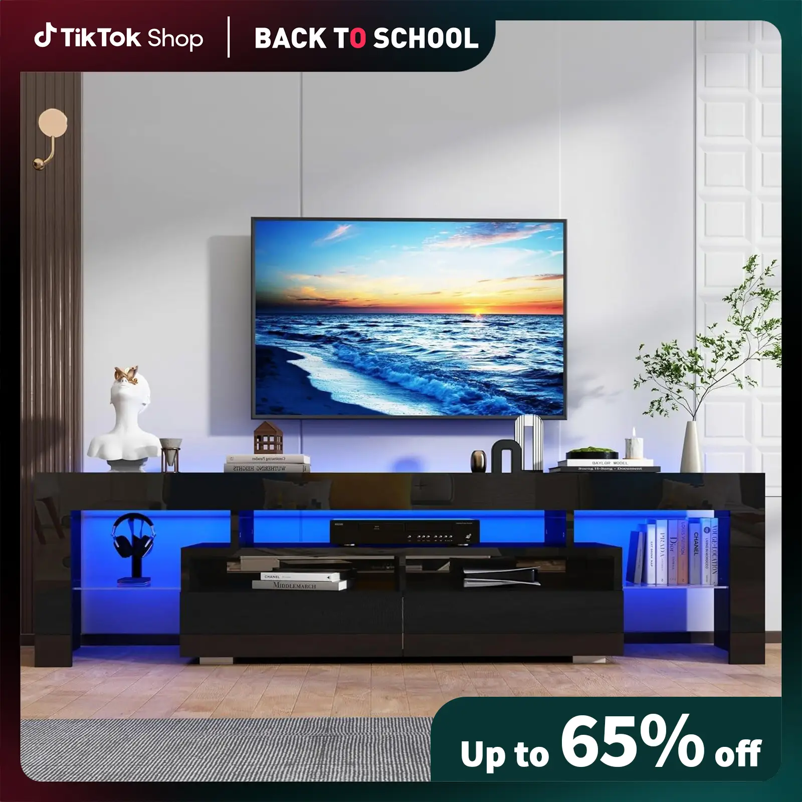 [Back to School]EBELLO LED TV Stand for 70 Inch TV Entertainment Center Black TV Stand with 20 Colors RGB Light and Remote Control Modern TV Media Con