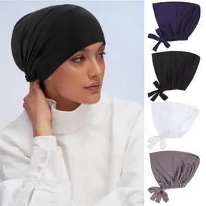 4pcs Under Scarf Hijab Cap with Tie-Back Closure Jersey Inner Cap with Rope Bonnet for Muslim Women vintage hats