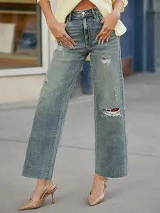 Women's Elastic Vintage Plaid Wide Leg Ripped Jeans, Casual Loose-Fit Denim Jeans for All Seasons, Perfect for Dating & Outdoor Activities