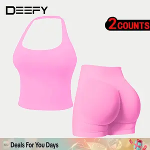 DEEFY Two-Piece Suit Impact Halter Top & Impact Shorts Fitness Yoga Sports Women Activewear Gym Outdoor Tank Tops Hidden Scrunch Butt Lifting Gymwear Shorts Womenswear