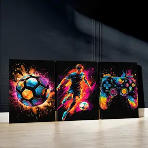 Game Themed Canvas, 3 Counts/set Colorful Soccer Ball & Gamepad Pattern Wall Art, Wall Decor for Home Living Room Bedroom, Ornaments, Wall Decoration