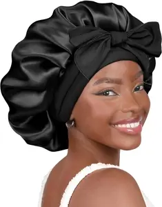 Mylockme Hair Silk Bonnet for Sleeping for Women Satin Bonnet Nightcap with Long Strap Elastic Tie Band Sleep Cap Night Hair Care Pink, Black, Rose