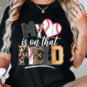 My Heart Is On That Field Mother's Day Baseball Mom Women T-Shirt Women T Shirt, Short Sleeve Round Neck Casual Top For Summer & Spring, Women's Clothing
