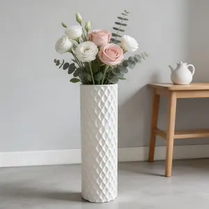 Modern White Textured Plastic Cylinder Vase - Unbreakable Tall Floor Vase for Home Decor, Waterproof Decorative Vase for Dried Flowers, Pampas Grass, Living Room, Bedroom, Office Centerpiece
