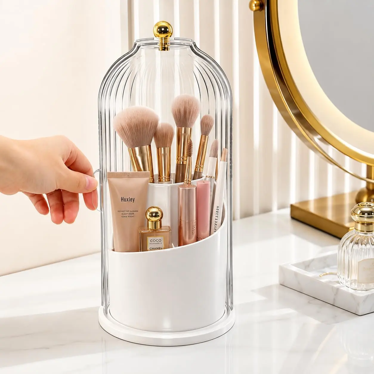Dustproof Makeup Brush Holder with Lid, Durable Multi-Function Rotating Storage Box, 360-Degree Rotatable Modern Makeup Brush Holder Organizer, Waterproof Brush Storage Fits 9.8 Inch Tall Makeup Brushes