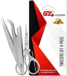Eyelash 4-Piece Set With Scissor - Professional Stainless Steel Tweezers, Splinter & Ingrown Hair Removal, Best Precision Tweezer for Eyebrows