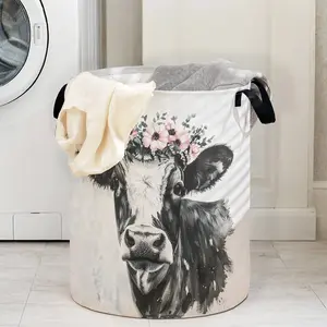Durable Laundry Basket with Handle, Foldable Dirty Clothes Storage Bin, Large Capacity Toy Organizer, Reusable Home Use, Unique Cow Pattern, Laundry Hamper