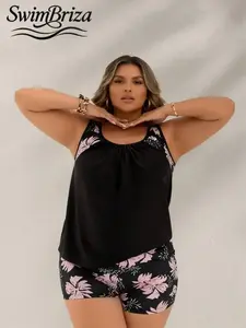 Briza｜Blouson Tankini With Shorts In Black Pink Floral Print, Tankini Swimsuits Set, Plus Size Swimwear, Tummy Control Swimwear, Bathing Suit Women Set, Two-Piece Swimsuit, Vacation Swimwear For Women, Pool Party Ready Confidence