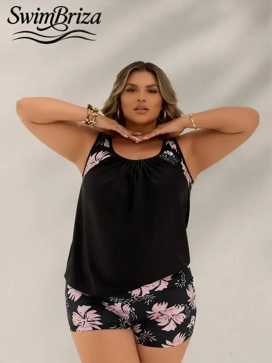 Briza｜Blouson Tankini With Shorts In Black Pink Floral Print, Tankini Swimsuits Set, Plus Size Swimwear, Tummy Control Swimwear, Bathing Suit Women Set, Two-Piece Swimsuit, Vacation Swimwear For Women, Pool Party Ready Confidence