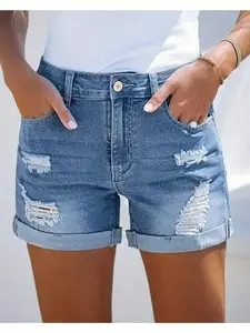 Women's Ripped High Waisted Denim Shorts Stretchy Cuffed Hem Jean Shorts