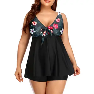 Yonique Women's Plus Size Two-Piece Flyaway Tankini Swimsuit - V-Neck Full Coverage Tank Top, Boy Shorts, Flattering Fit, Tied Bow, Slimming Flare for Beach, Swimming