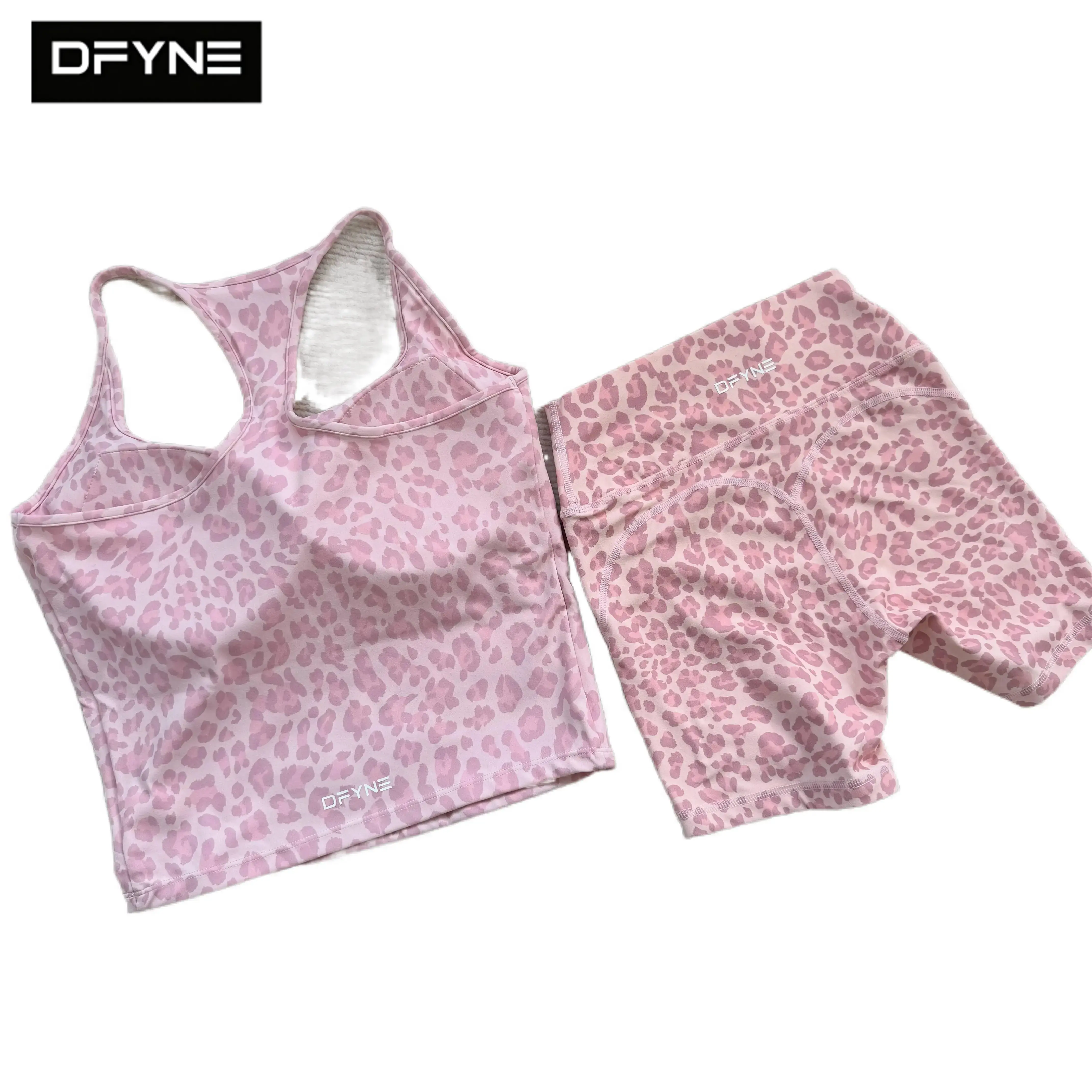 DFYNE Women's Leopard Print 2-Piece Gym Activewear Set, High-Waisted Booty-Lifting Biker Shorts & Padded Racerback Longline Tank Top Sports Bra for Ladies