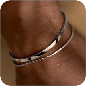 Stackable Bracelets for Men, 925 Sterling Silver/14K Gold Plated Bracelet Sets Dainty Cuff Bangle Box Cuban Link Bracelets