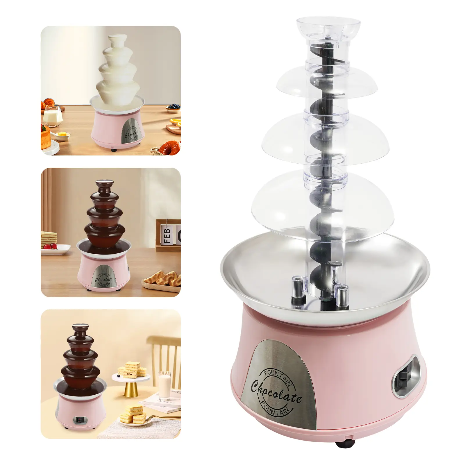 Retro 4-Tier Chocolate Fountain Machine, Desktop 180W Pure Copper Motor, 1kg/2.2Lbs Capacity, Polished Stainless Steel & Plastic, 120V US Plug, Low Noise Waterfall Effect, for Home Dessert Parties (Pink, Silver)