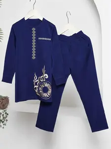 Middle East Trendy Boy Set, Embroidered Round Neck Top & Elastic Waist Pants, Comfortable Breathable Kids Clothing, African Boys, Clothing Sets
