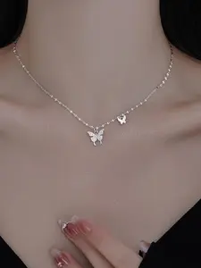 925 Sterling Silver Butterfly Pendant Necklace for Women for Gift, Simple Luxury Rhinestone Decor Matching Necklace, Classic Fashion Accessories for Daily Wear