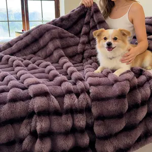 Luxurious Faux Rabbit Fur Striped Blanket, Durable and, Multi-Functional for Sofa Bedroom Living Room Travel