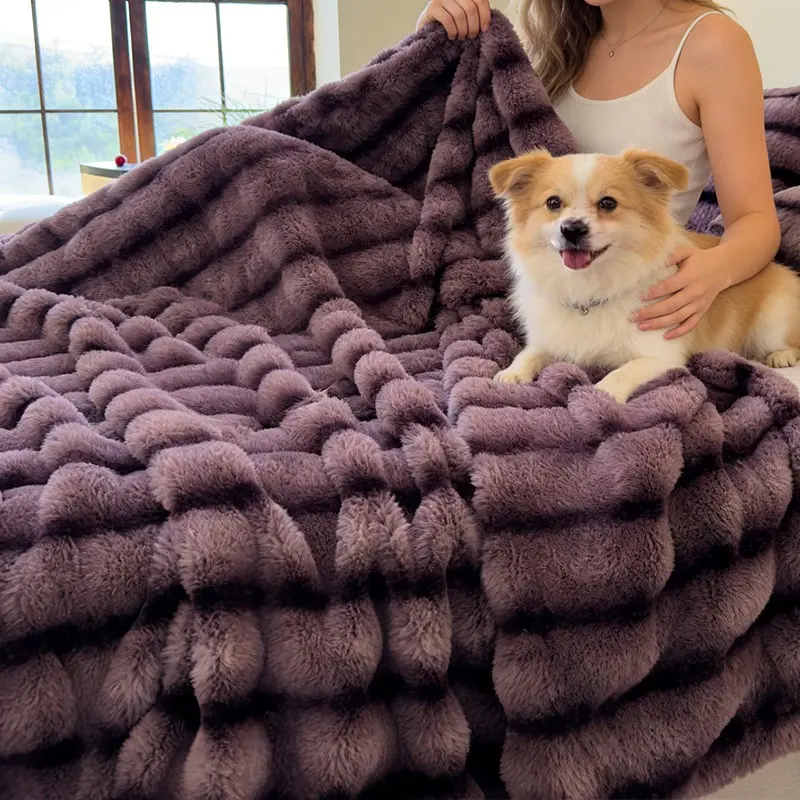 Luxurious Faux Rabbit Fur Striped Blanket, Durable and Soft and Cozy, Multi-Functional for Sofa Bedroom Living Room Travel