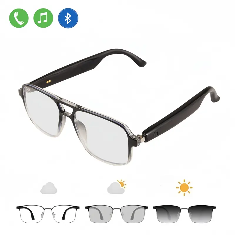 Sunglasses Smart Glasses - Bluetooth Adaptive Audio Dual Lens Eye-Friendly, Photochromic Lenses, UV Protection Metal Frame, Surround Sound, Microphone, Music Player, Android Compatible, Unisex, Bonus Pouch, Charging Cable, Batteries, Cleaning Cloth, Adapt