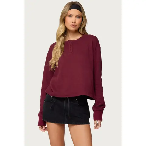 Deni Long Sleeve Henley Waffle Top