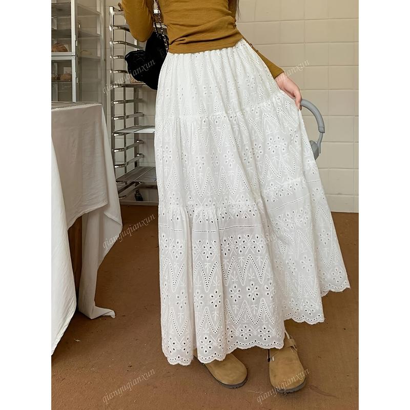 YuanYuanQun Women's A-Line Maxi Skirt - Elegant Solid Color High Waist Fitted Skirt with White Lace Jacquard, TB513640, All-Season Chic Bottoms
