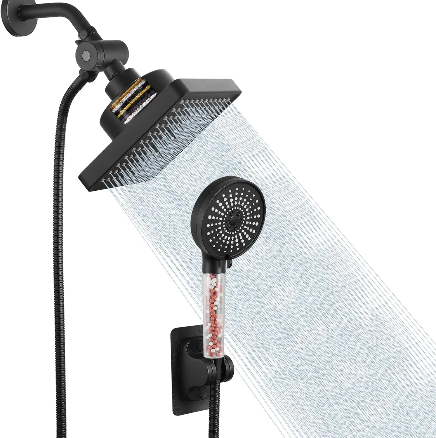Filtered Shower Head with Combo, High Pressure Rain Showerhead for Remove Chlorine and Harmful Substances, with Self-Holder/59" Hose, Black