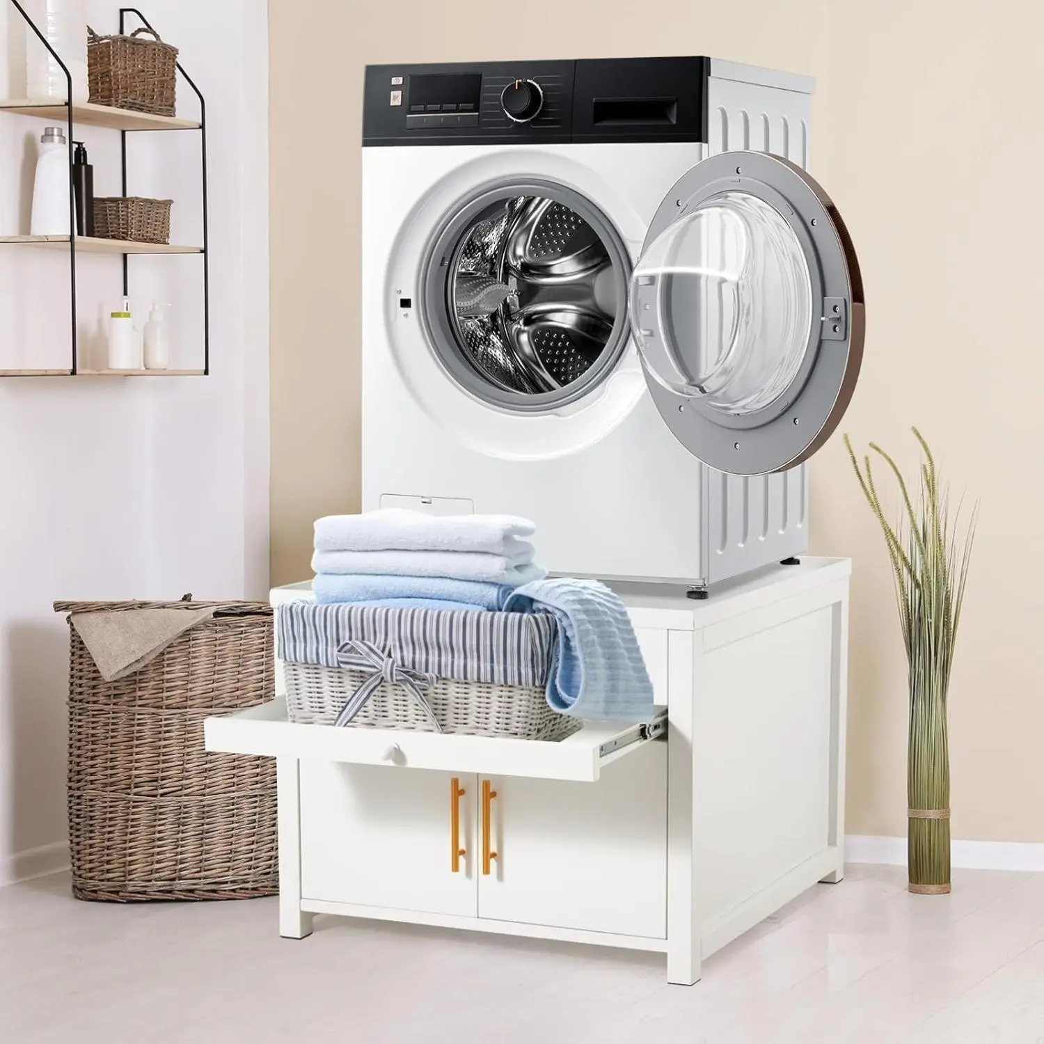 Aecojoy Metal Washing Machine Stand with Drawer & Pull-out Shelf, 320KG Capacity Laundry Pedestal for Washer Dryer